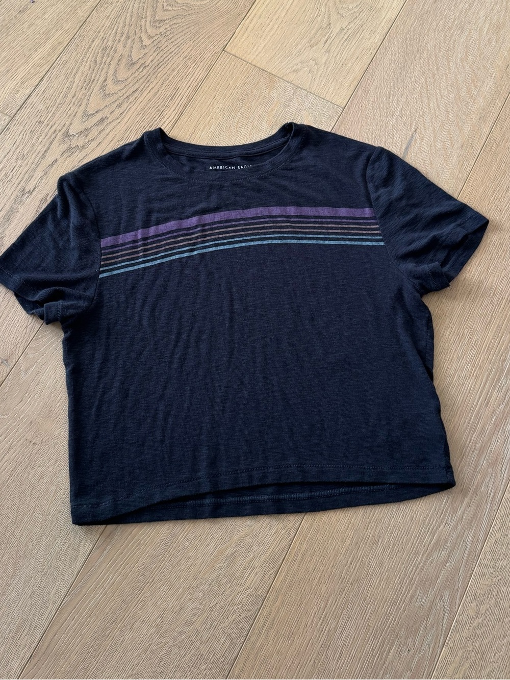 American Eagle Navy Tee with Colorful Stripes Size Large